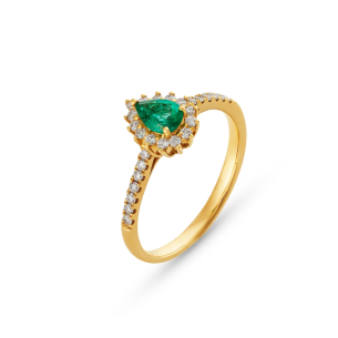 Anel Gota com Esmeralda e Brilhantes em Ouro Amarelo 18K