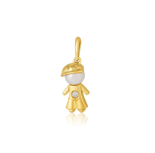 Pingente de ouro amarelo 18k menino com Pérola e Diamante