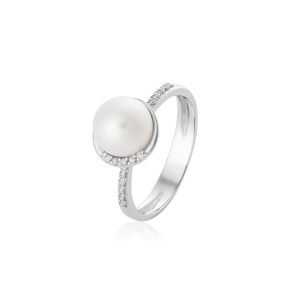 Anel em Ouro Branco 18K com Diamantes E Pérola