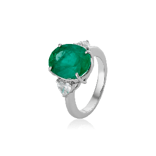 Anel em Ouro Branco 18K com Esmeralda E Diamantes 