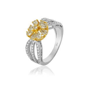 Anel Flor de Fancy Yellow e Brilhantes em Ouro Branco 18K