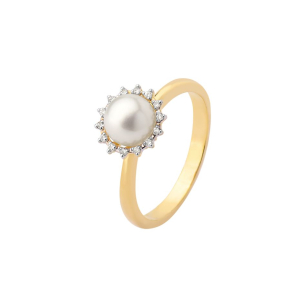 Anel em Ouro Amarelo 18K com Pérola E Diamantes 