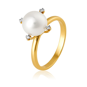 Anel em Ouro Amarelo 18K com Pérola E Diamantes 