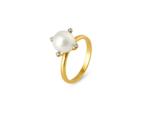 Anel em Ouro Amarelo 18K com Pérola E Diamantes 