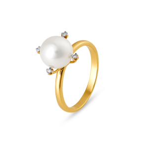 Anel em Ouro Amarelo 18K com Pérola E Diamantes 