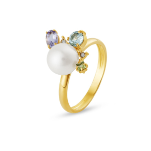 Anel em Ouro Amarelo 18K com Pérola, Peridoto, Topázio E Ametista 
