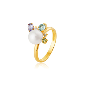 Anel em Ouro Amarelo 18K com Pérola, Peridoto, Topázio E Ametista 