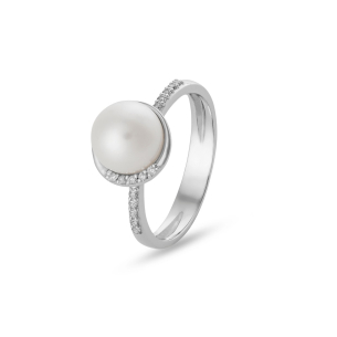 Anel em Ouro Branco 18K com Diamantes E Pérola