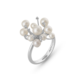 Anel em Ouro Branco 18K com Pérolas e Brilhantes