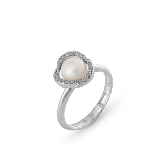 Anel em Ouro Branco 18K com Pérolas e Brilhantes