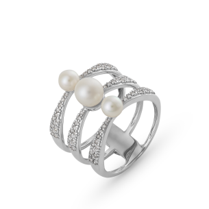 Anel em Ouro Branco 18K com Pérolas e Brilhantes