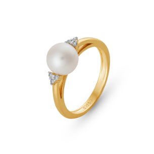 Anel com Pérola e Diamantes em Ouro Amarelo 18K