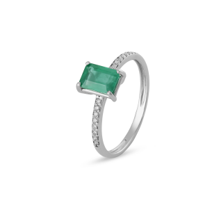 Anel Solitário com Esmeralda e Diamantes em Ouro Branco 18K