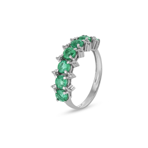 Anel Meia‑Aliança com Esmeraldas e Diamantes em Ouro Branco 18K