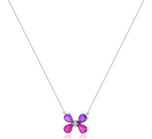 Gargantilha borboleta em Ouro Branco 18K com Turmalina rosa, Ametista e Diamante 