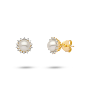 Brinco em Ouro Amarelo 18K com Diamantes e Pérola  