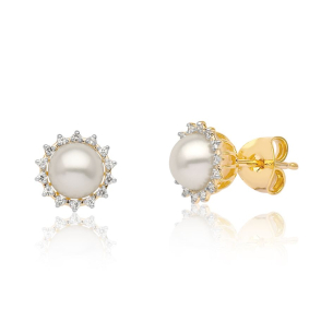 Brinco em Ouro Amarelo 18K com Diamantes e Pérola  