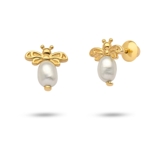 Brinco Infantil em Ouro Amarelo 18K abelha com pérola