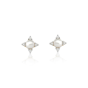 Brinco em Ouro Amaralo com Diamantes e Pérolas  