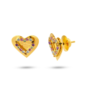 Brinco coração em Ouro Amarelo 18K com pedras coloridas   