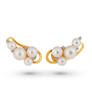 Brinco Earcuff com Pérolas e Brilhantes em Ouro Amarelo 18K