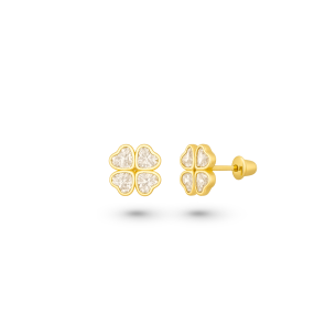 Brinco Infantil Trevo em Ouro Amarelo 18K com Zircônias