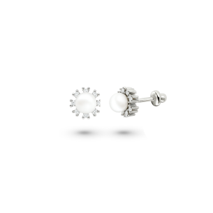 Brinco Infantil em Ouro Branco 18K com Pérola e Diamantes