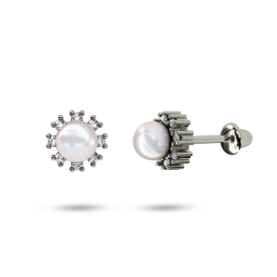Brinco Infantil em Ouro Branco 18K com Pérola e Diamantes