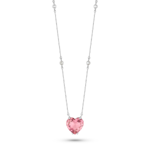 Gargantilha Coração em Ouro Branco 18k com Turmalina Rosa e Diamantes