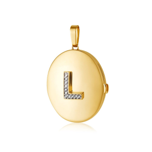 Relicário de ouro oval com letra e diamantes