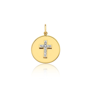 Medalha de ouro amarelo 18k cruz com Diamante