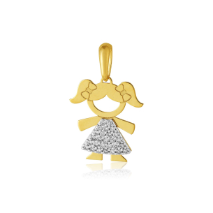 Pingente de ouro amarelo 18k menina com Diamantes de 0,5 pontos