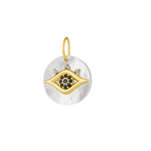 Pingente Ouro Amarelo 18K Madrepérola de Olho Grego com Diamantes e Sáfira Azul  