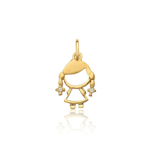 Pingente Ouro Amarelo 18K menina com lacinho e Diamantes  
