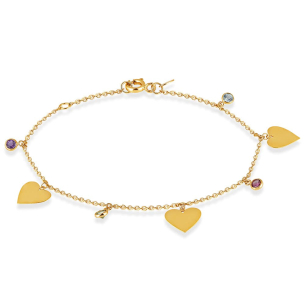 Pulseira em Ouro Amarelo 18K corações laser com pedras coloridas