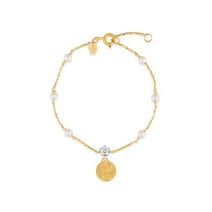 Pulseira Infantil em Ouro Amarelo 18k e Pérolas com placa Anjo da Guarda Petit 