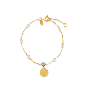 Pulseira Infantil em Ouro Amarelo 18k e Pérolas com placa Espírito Santo Petit