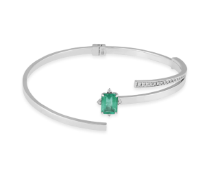 Pulseira em Ouro Branco 18K com Diamantes e Esmeralda  