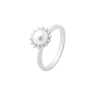 Anel com Pérola e Diamantes em Ouro Branco 18K